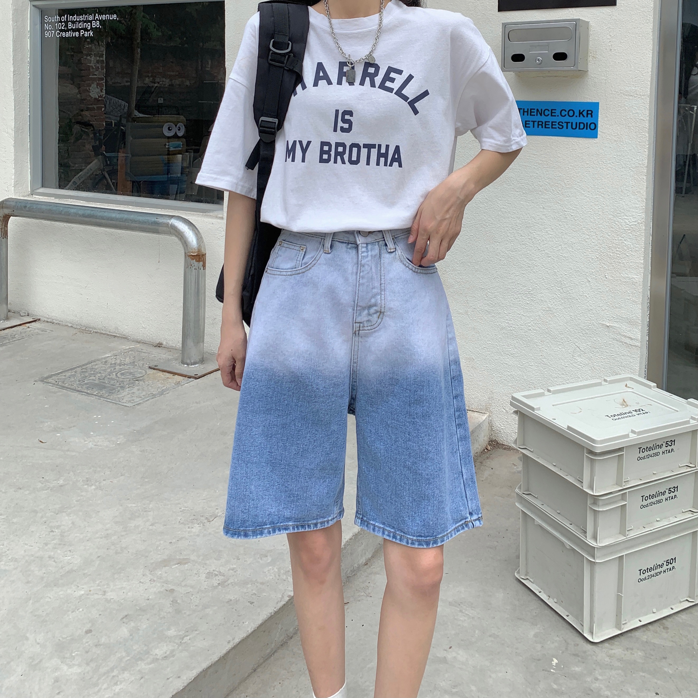 實拍 實價~漸變色五分直筒牛仔褲女高腰顯瘦闊腿寬鬆復古中褲女