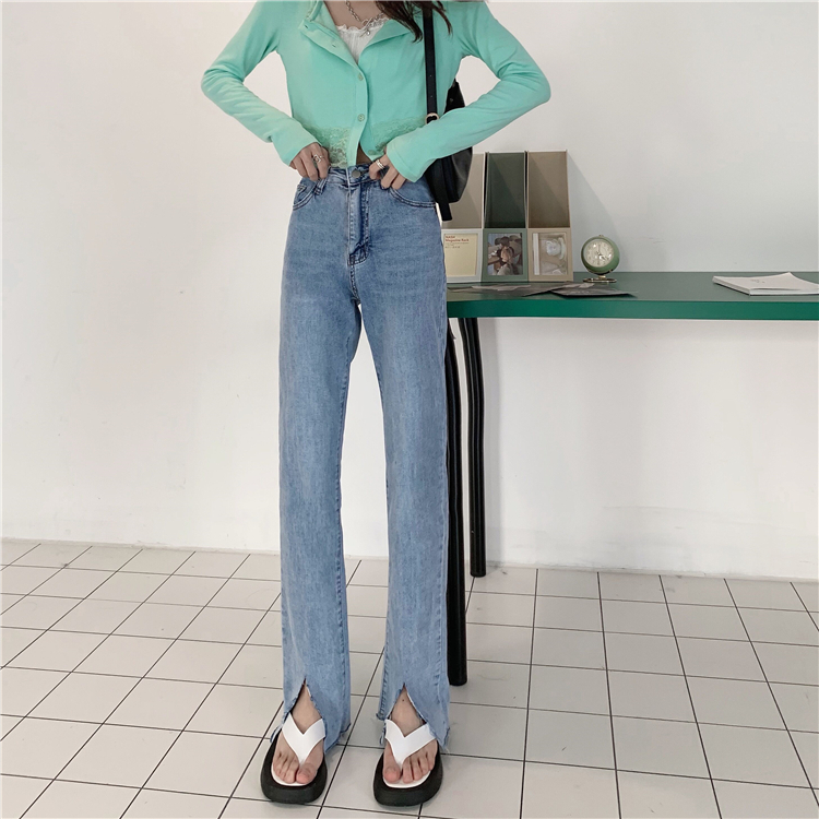 Real price ~ high waist jeans women's spring Korean version versatile thin, rough edge, floor pulling, split straight pants