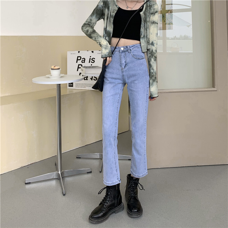 Real price ~ straight stretch back split jeans women's loose high waist slim wide leg Capris