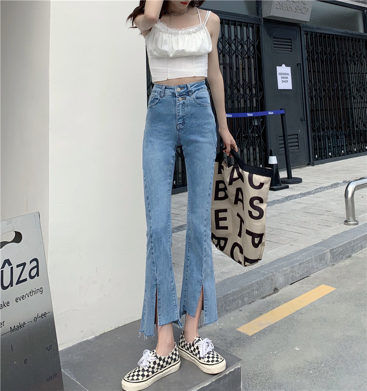 實拍 實價~高腰開叉牛仔褲女垂感闊腿開叉微喇叭港味褲子
