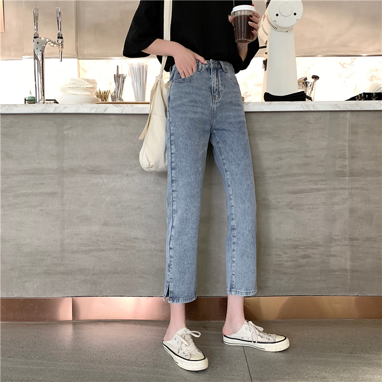 Real photo real price spring wide leg jeans women's Korean version high waist straight tube skinny and versatile split jeans