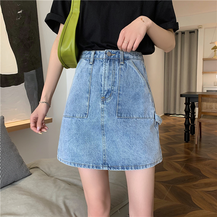 Real price ~ denim skirt, women's high waist, thin and versatile tooling, buttock A-line skirt