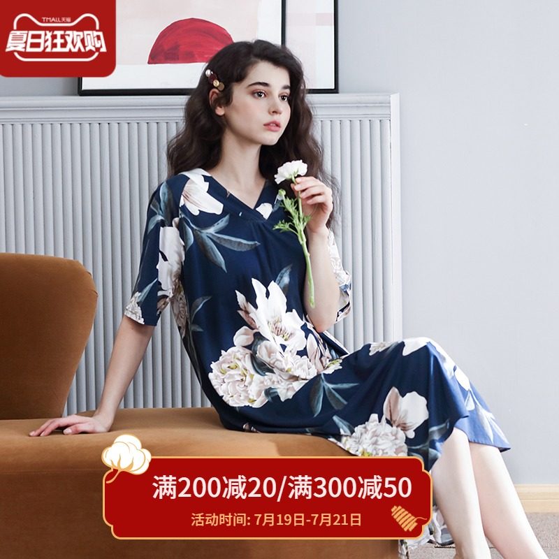 达尔丽新品睡裙女夏短袖纯棉中长款过膝牡丹印花国潮宽松女士睡衣