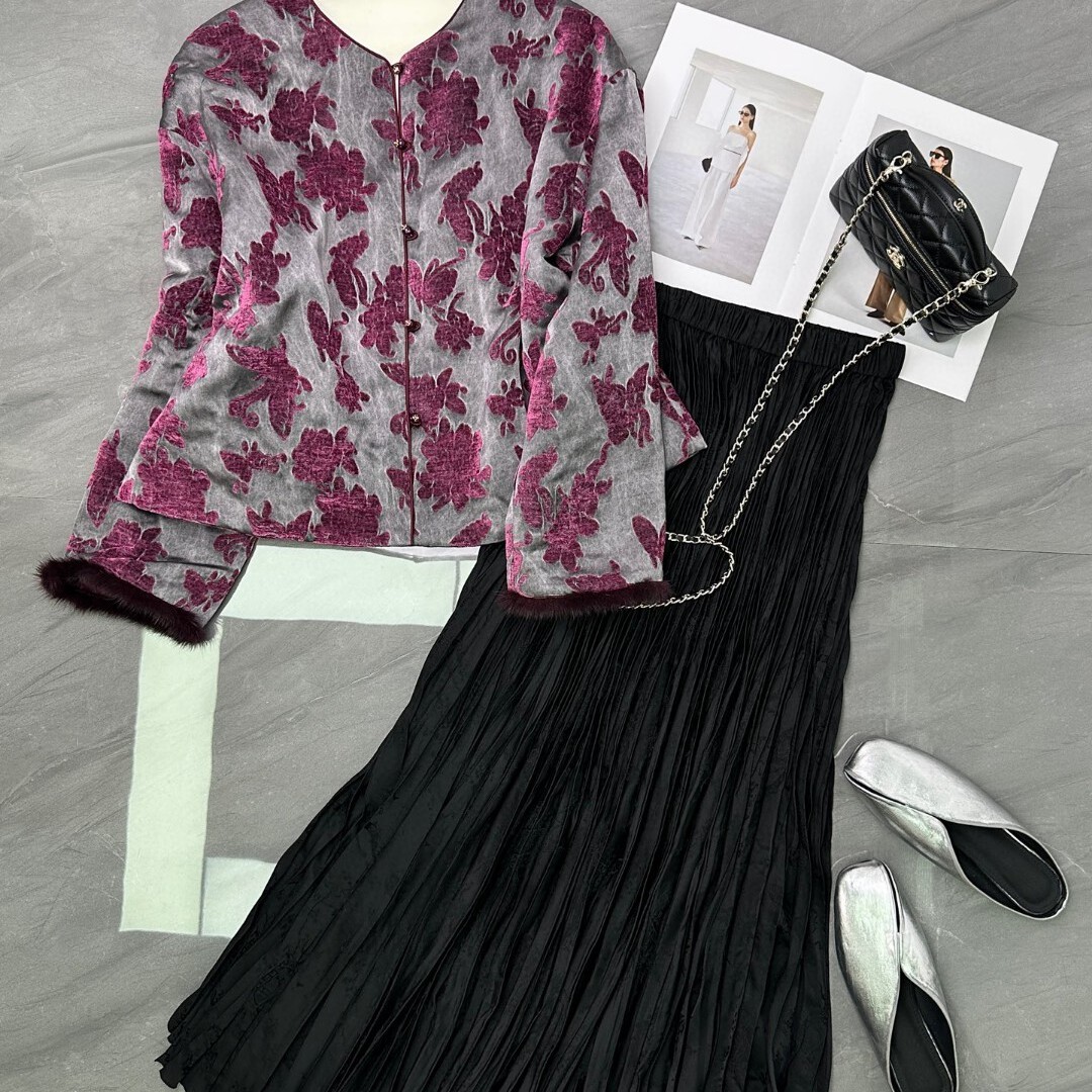 阅悦人丝提花雪尼尔绒袖口拼接仿水貂毛保暖棉服外套YS45-G209