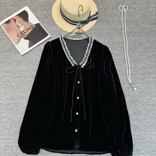 阅悦26年早春V领花边钉珠真丝丝绒百搭气质显瘦小衫 G408 YS534