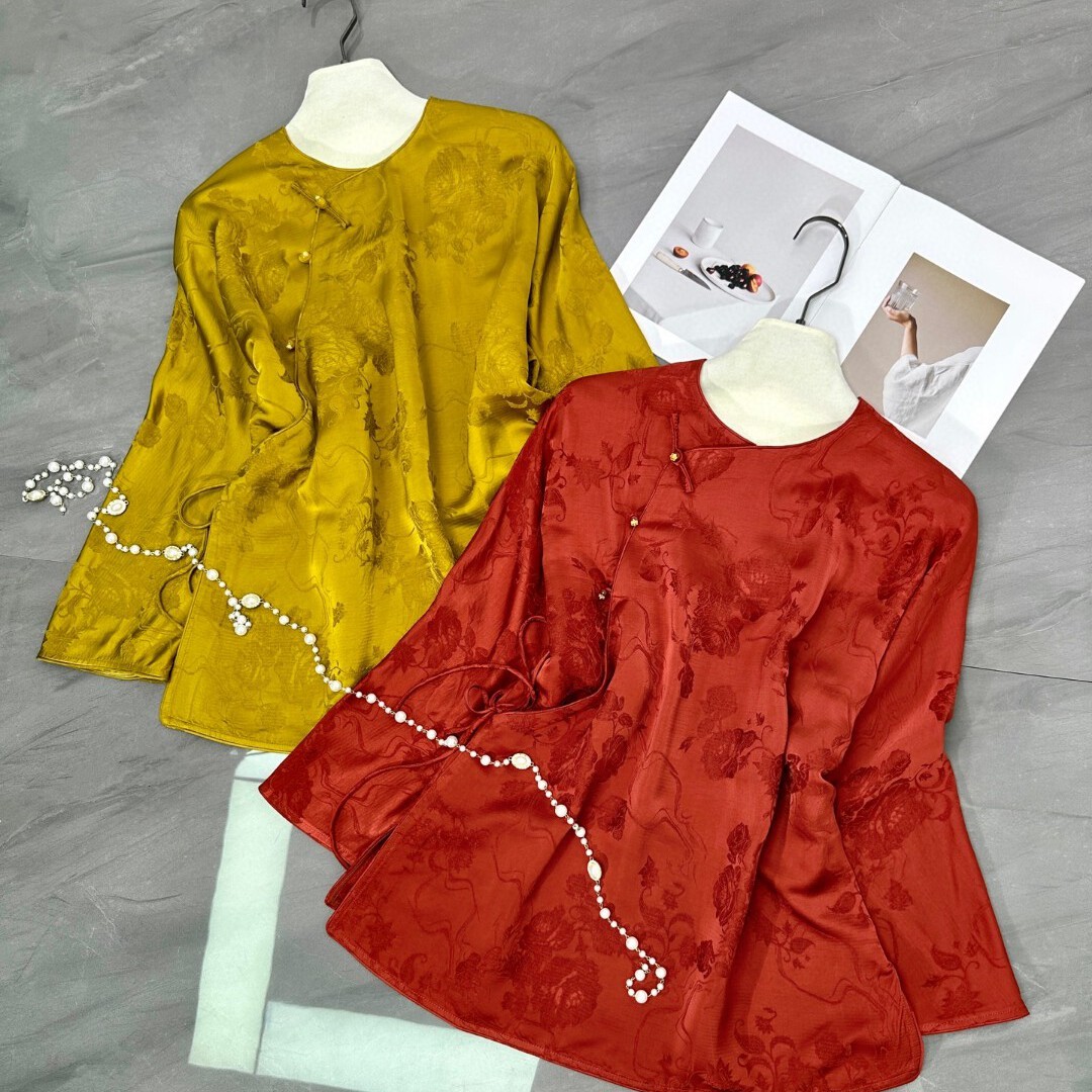 阅悦早春人丝香云纱提花纯手工一字扣新中式国风小衫YS41-G209