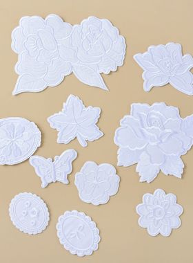 白色玫瑰花蝴蝶刺绣布贴酒店专用补床单被套桌布贴花衣服补丁绣花