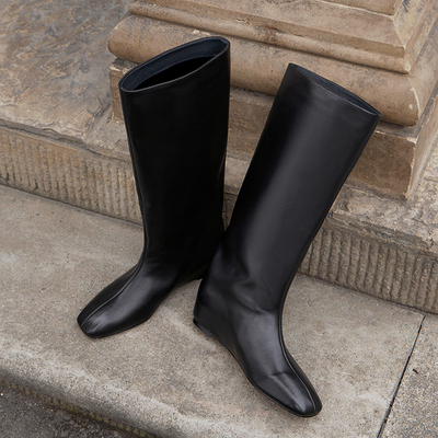 欧美内增高显贵长靴小牛皮宽筒围