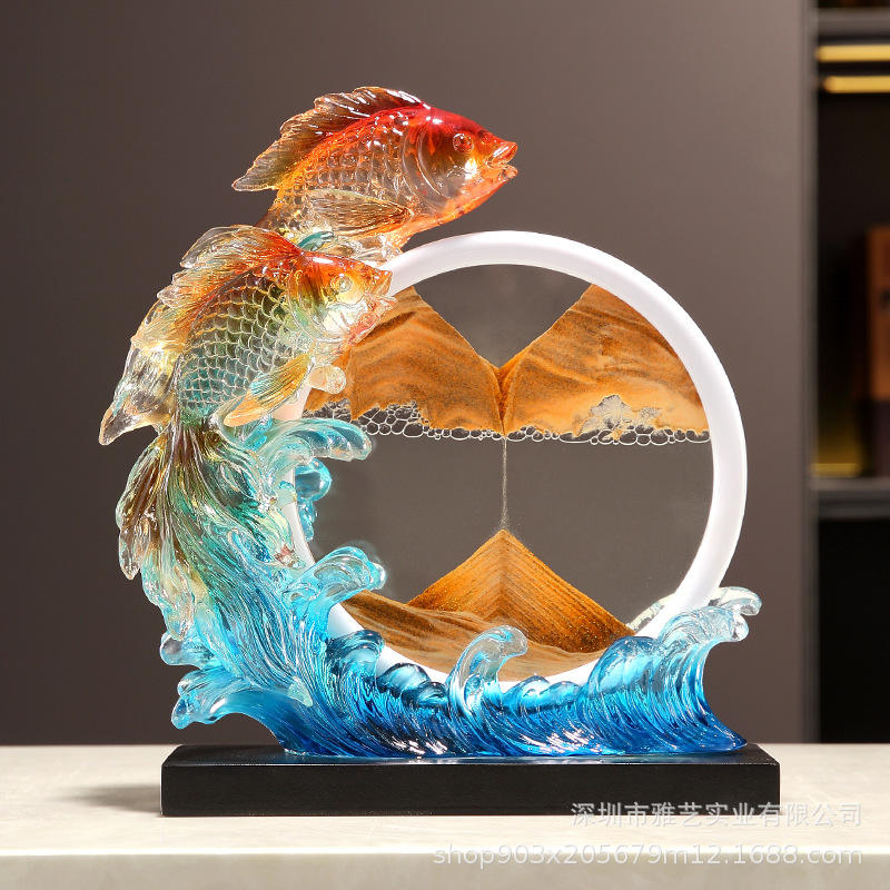 透明中式年年有余流沙摆件创意玄关金鱼酒柜装饰品树脂品