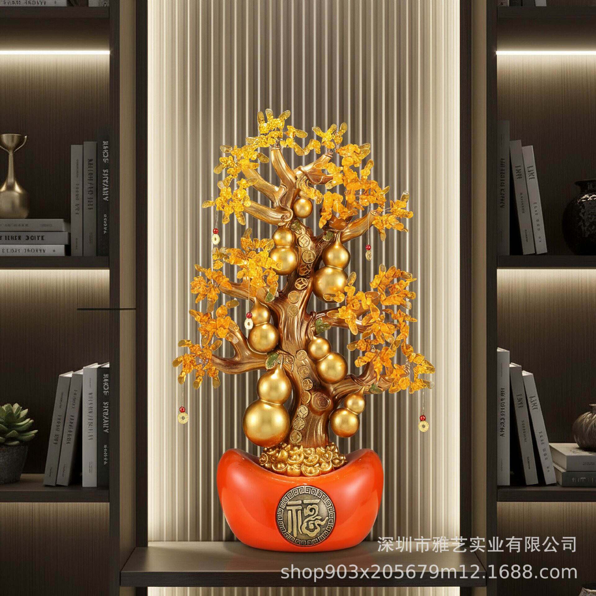 新客厅葫芦招财树装饰中式摆件玄关福字挂件金色招财进宝家居饰品
