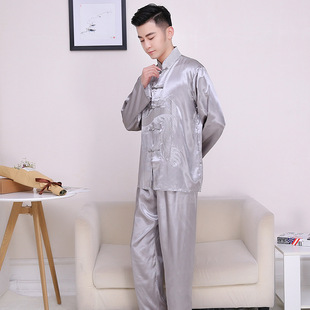 夏季中山装男士睡衣太极服服装大码丝绸刺绣家居服