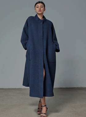 TWANG牦牛绒羊毛老派中古旧蓝色廓形长袖宽松立领双面外套大衣冬