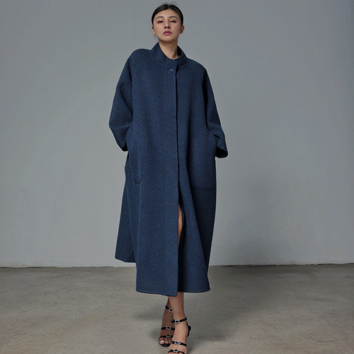 TWANG牦牛绒羊毛老派中古旧蓝色廓形长袖宽松立领双面外套大衣冬