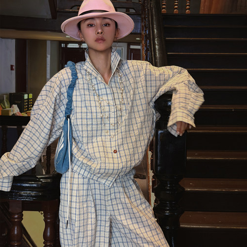 松弛感韩系复古格子衬衫套装女