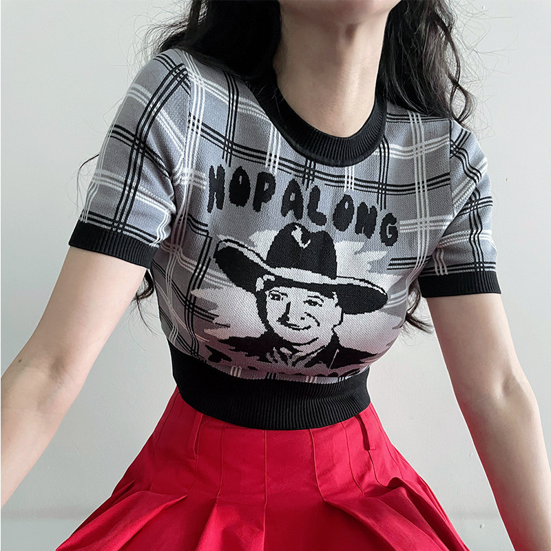 小众复古真丝女士高腰薄款休闲圆领短袖T恤女2025新款针织衫短款