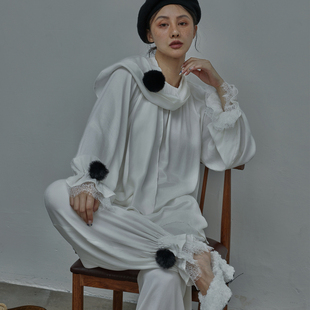 TWANG重磅铜氨丝睡衣风四季百搭宽松超柔毛球围巾灯笼裤白色套装