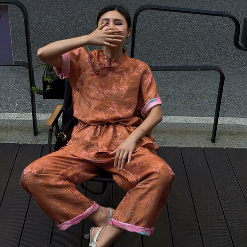 浮光锦新中式立领双色印花两件套