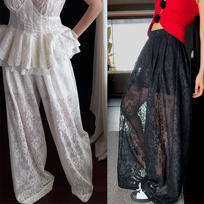 重工浪漫主义镂空蕾丝刺绣直筒裤