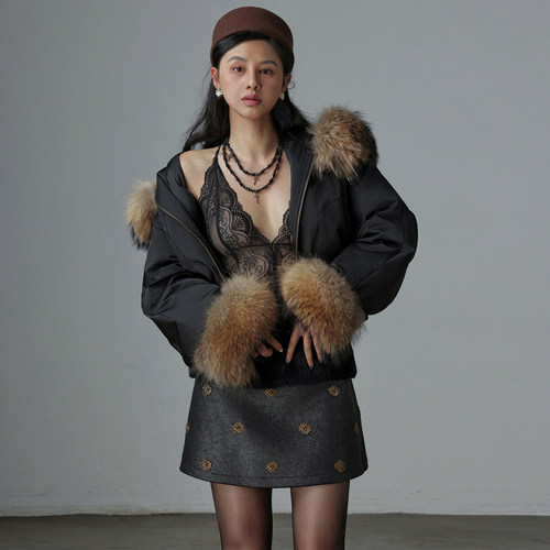 超大貉子毛领鹅绒工装短款派克服