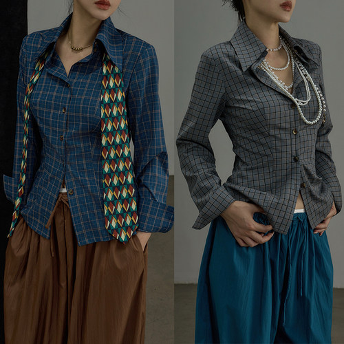 中古风修身抗皱叠穿百搭格纹衬衫