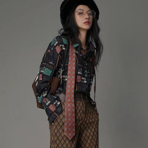 纯棉中古印花老钱风宽松长袖衬衫