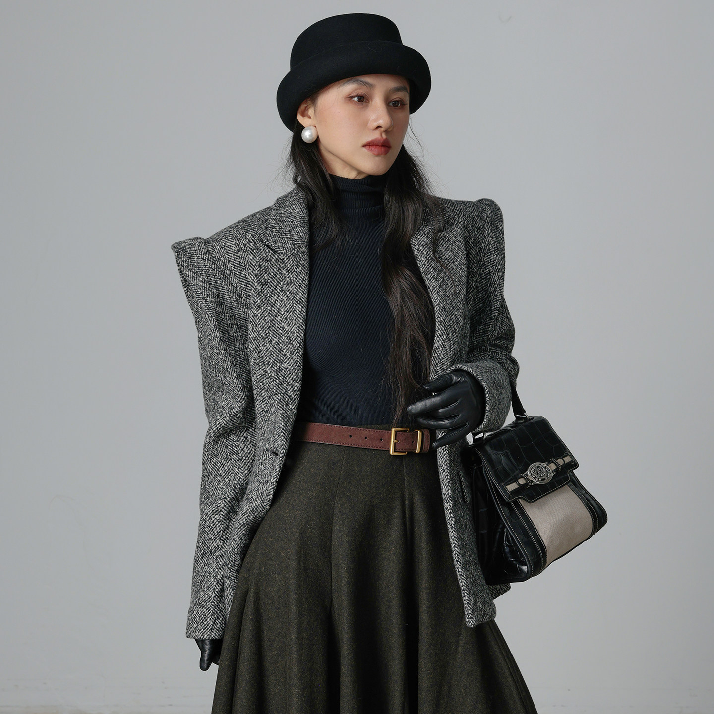 TWANG二层牛皮双拼磨砂皮质复古长款方扣百搭咖色系腰带皮带女式