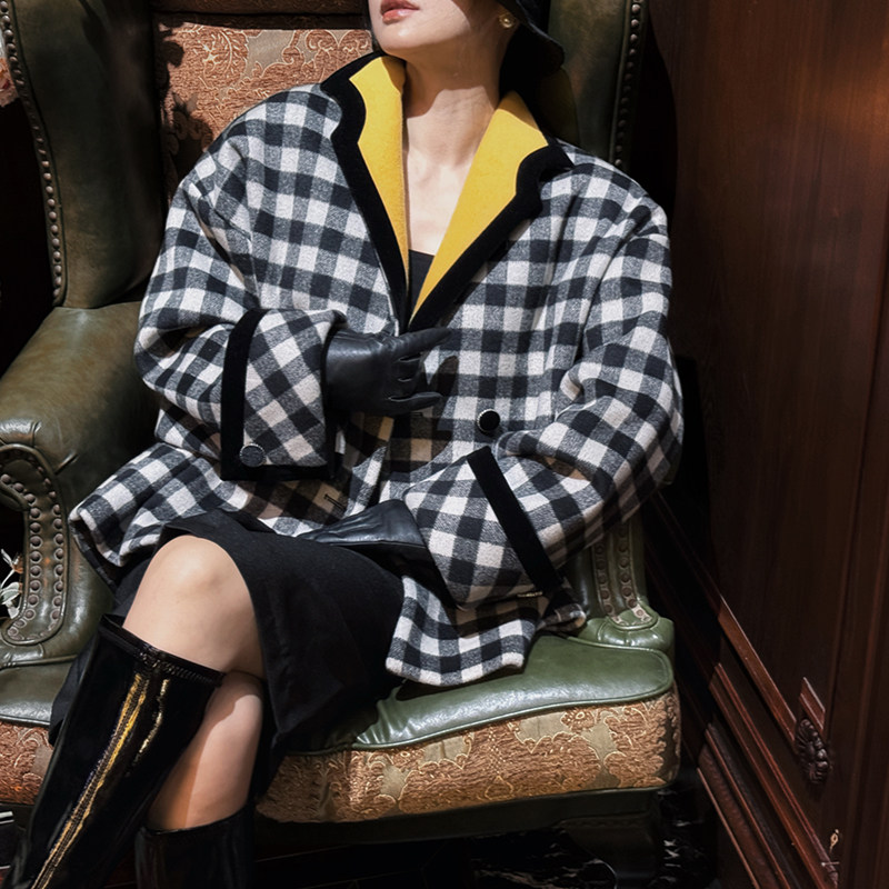 老电影复古经典设计年代感秋冬撞色黑白格羊毛宽松蝙蝠短款大衣24,女装/女士精品,毛呢外套,淘宝优惠券,粉丝福利购,淘宝优惠卷