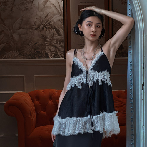 TWANG醋酸丝性感复古秀场吊带拼接蕾丝重工晚会裙礼服裙连衣裙女