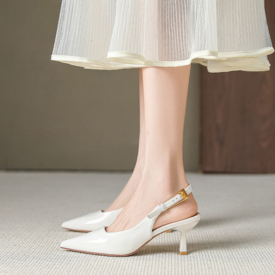 法式高跟鞋女细跟2025春夏新款尖头一字扣带包头凉鞋后空G6832-68