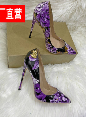 大码35-46女士紫色花朵高跟鞋新款爆款12CM外贸细跟浅口软皮单鞋