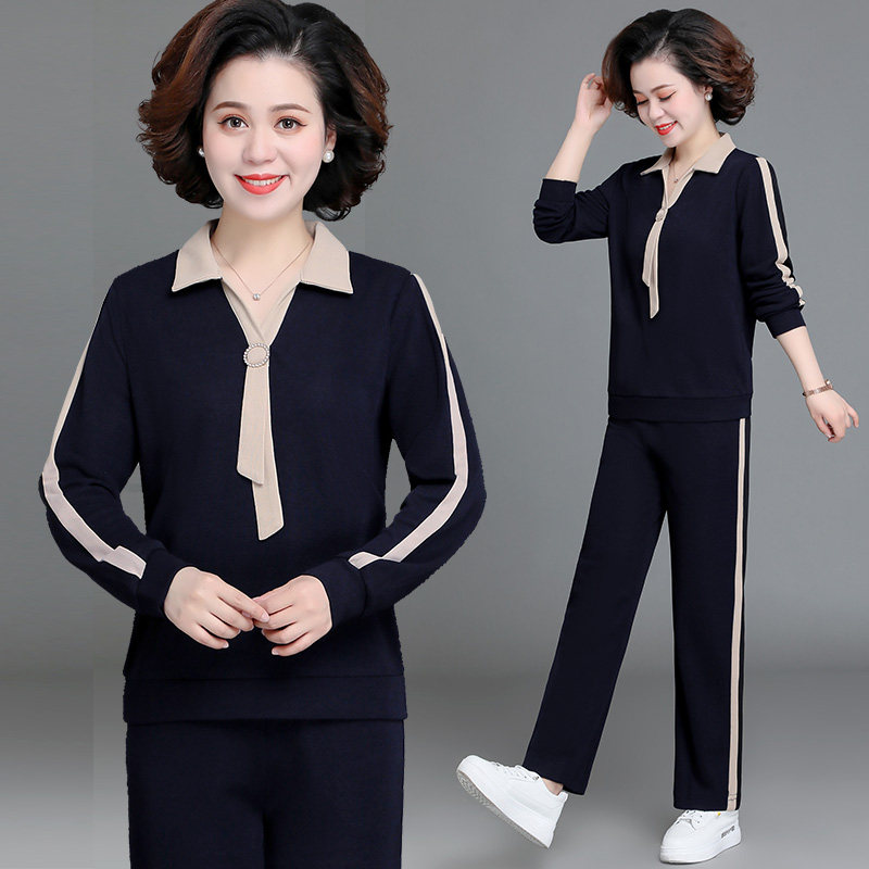 中年妈妈春装洋气套装新款40岁50大装t恤阔腿裤中老年春季两件套