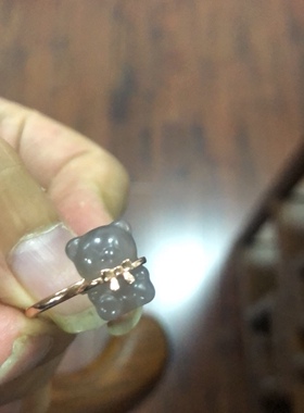 和田玉烟紫料小熊戒指 S925银活口戒指 卡通女款戒指 玉质细腻