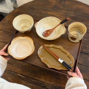 漫生活老板娘 秋黄陶木 碗具套装一人食景德镇手工粗陶餐具组合