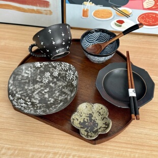 漫生活老板娘 墨韵花瓷 黑色系餐具一人食餐具套装碗盘杯碟家用