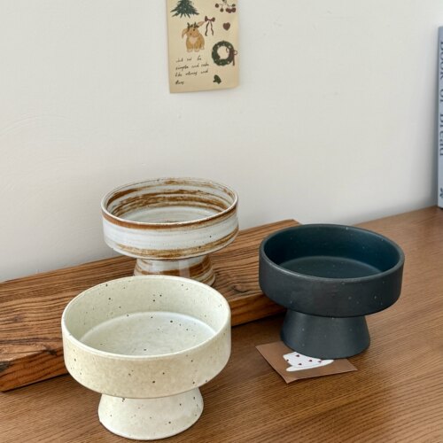 漫生活老板娘复古粗陶高脚碗水果碗干果零食碗茶点盘桌上摆盘