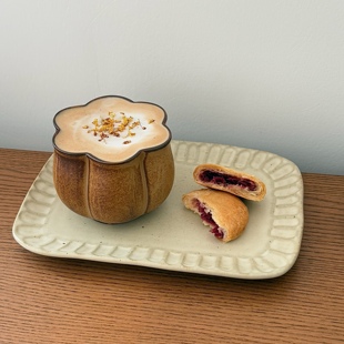 漫生活老板娘复古粗陶窑变花口杯花朵造型手握杯咖啡杯拉花杯茶杯