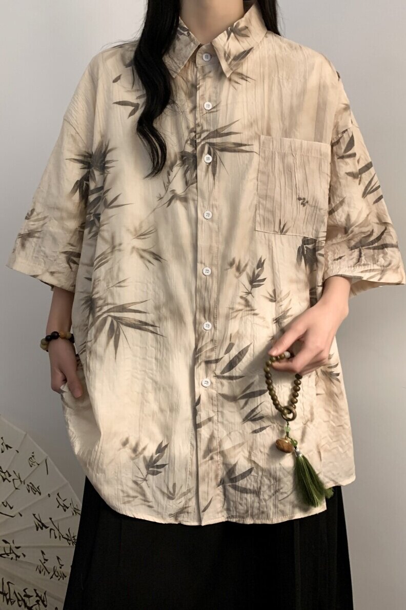 新中式风水墨印短袖衬衫垂感冰丝大码XZ1015-1-GF0066P48控68,女装衬衫,星座1015-1