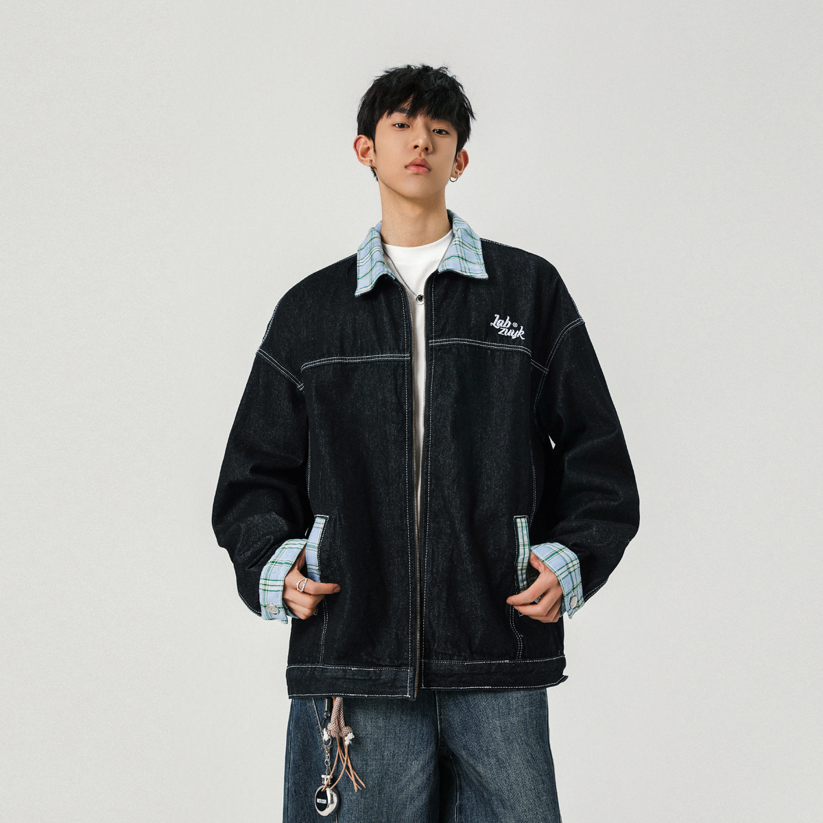 水洗复古牛仔外套格子撞色刺绣夹克男XZ1015-1-JK33666-特P68，男装夹克，星座1015-1