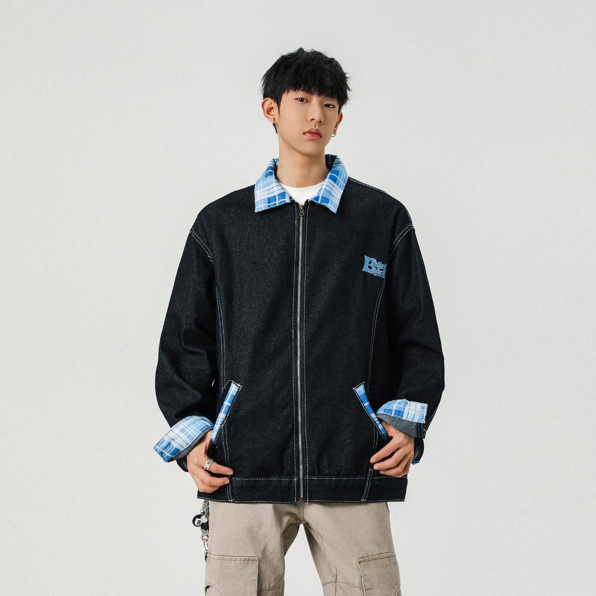 复古刺绣水洗牛仔撞色格子外套宽松夹克男XZ1015-1-JK33655-P70,男装夹克,星座1015-1
