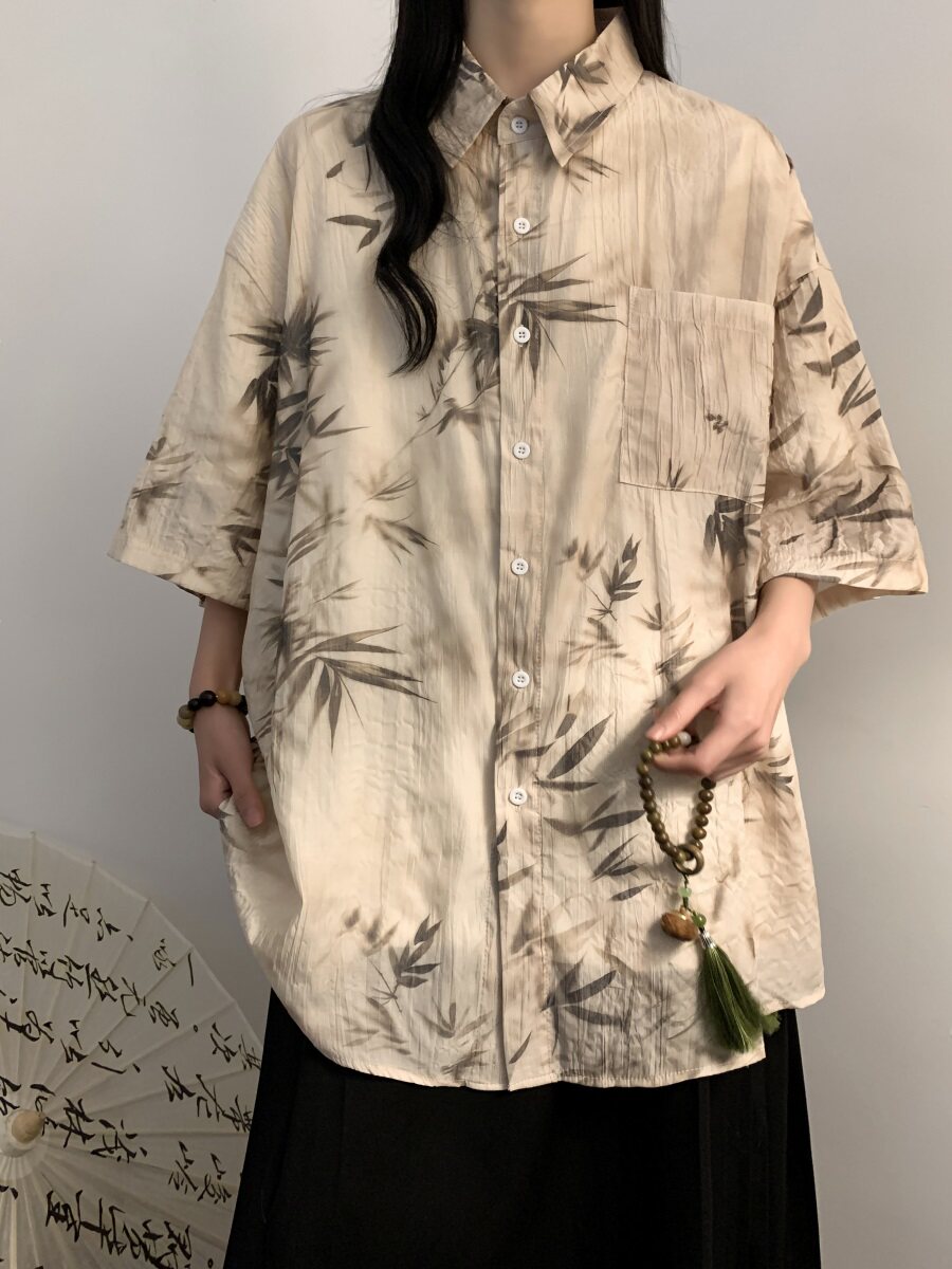 新中式风水墨印短袖衬衫垂感冰丝大码XZ1015-1-GF0066P48控68图片