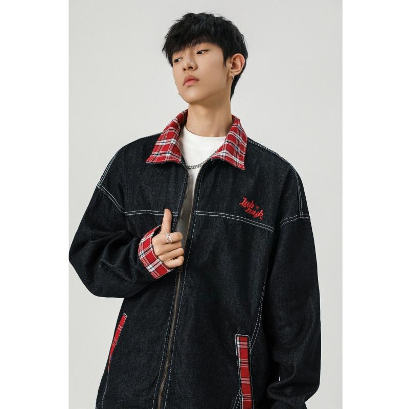 水洗复古牛仔外套格子撞色刺绣夹克男XZ1015-1-JK33666-特P68,男装夹克,星座1015-1
