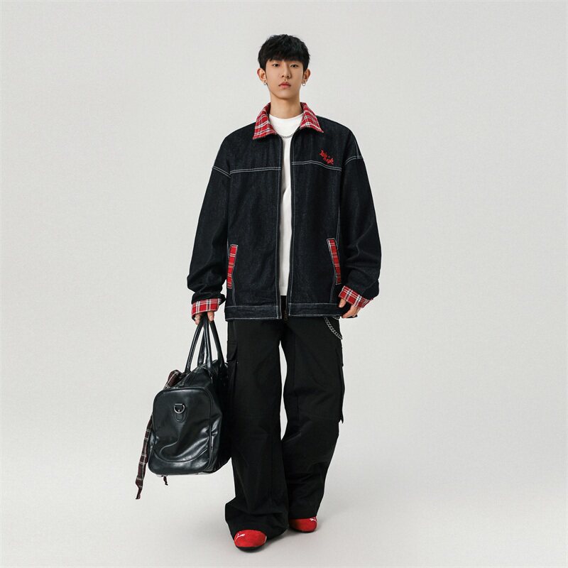水洗牛仔外套cleanfit刺绣格子宽松大码夹克男JK33666特P68控108,男装夹克,星座1015-1