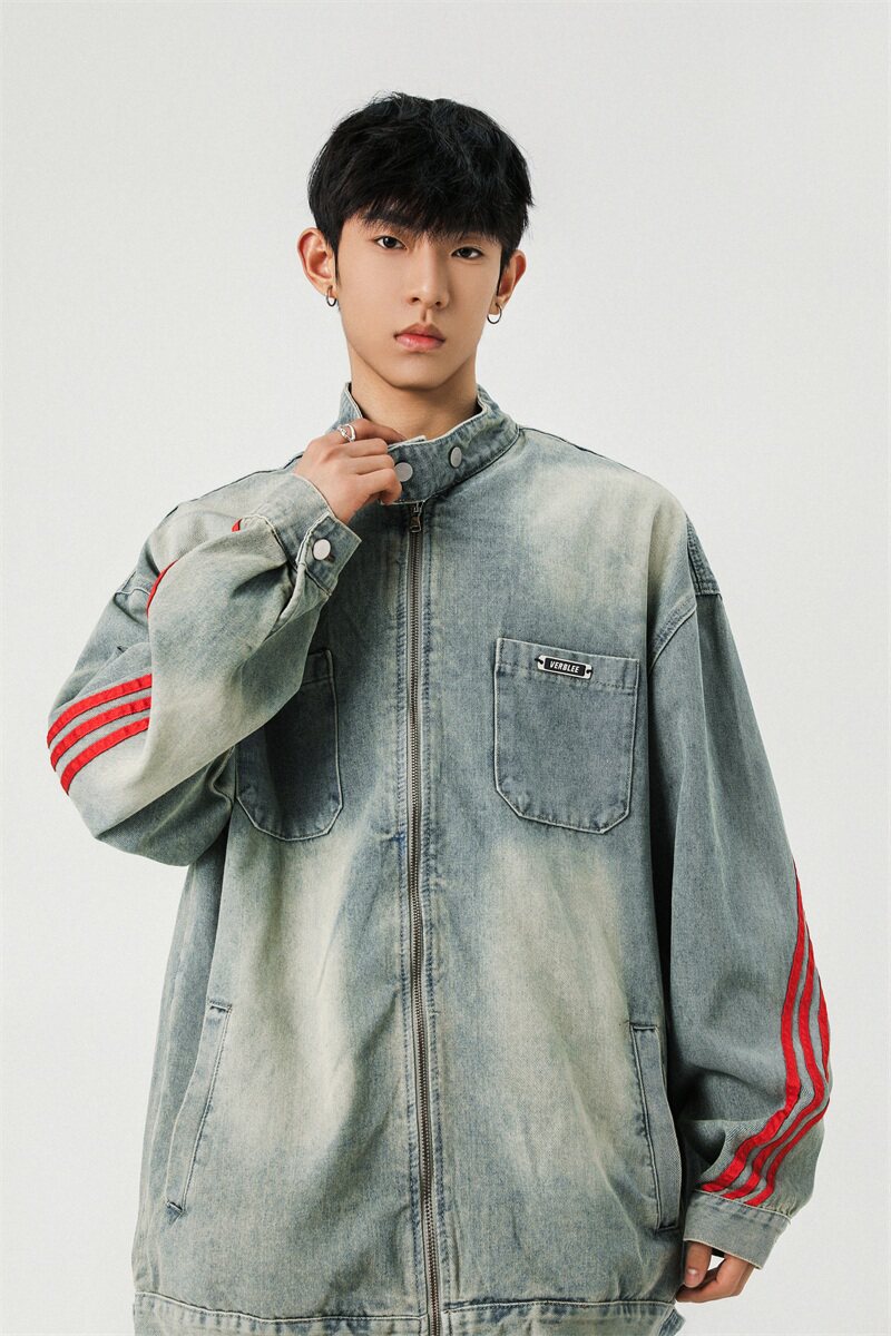 复古水洗牛仔外套做旧设计感织带夹克男XZ1015-1-JK33633P78控118,男装夹克,星座1015-1