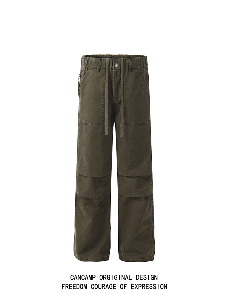 CANCAMP 美式复古直筒压褶工装裤男cleanfit裤子松紧腰垂感休闲裤