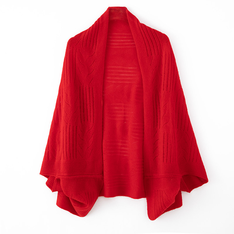 100%羊毛针织披肩女镂空凤尾花外搭羊绒围巾斗篷外套空调衫护肩