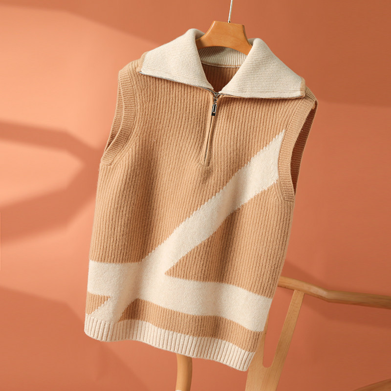 100撞色羊毛马甲背心女秋冬毛衣拉链高领上衣百搭洋翻领针织坎肩