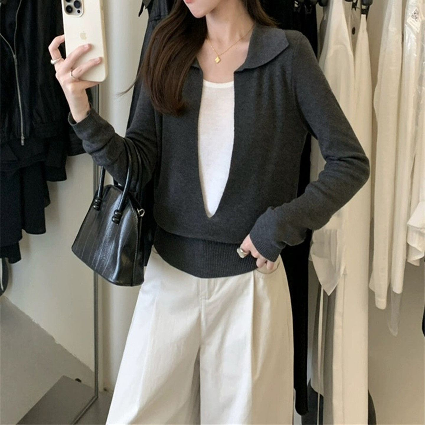 秋冬翻领精纺羊毛衫女显瘦拼接内搭假两件毛衣针织打底衫气质百搭