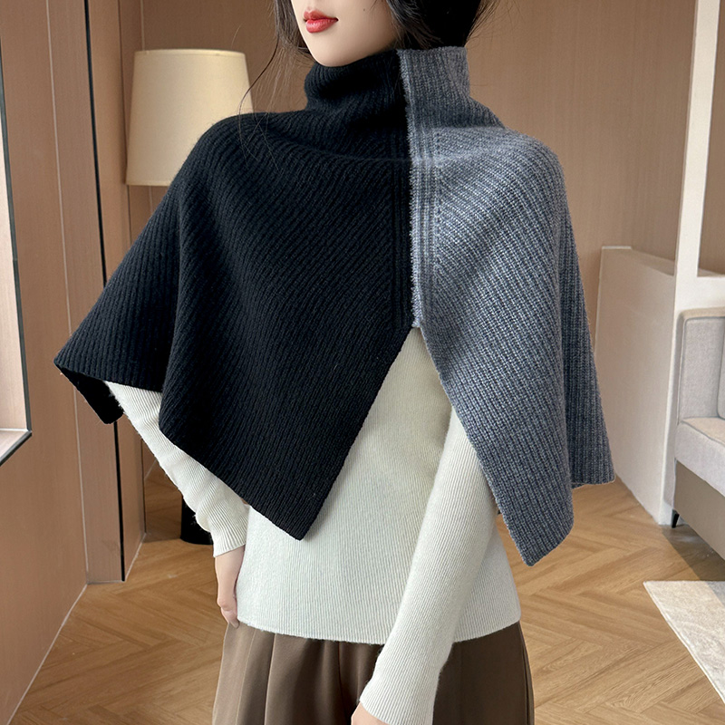 100%撞色羊毛外搭假领子高领毛衣开叉披肩女羊绒套头针织围脖斗篷