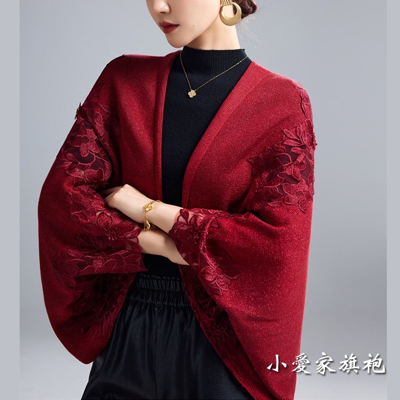 秋冬酒红色披肩外搭配旗袍针织开衫斗篷小个子喜妈妈婚宴礼服刺绣