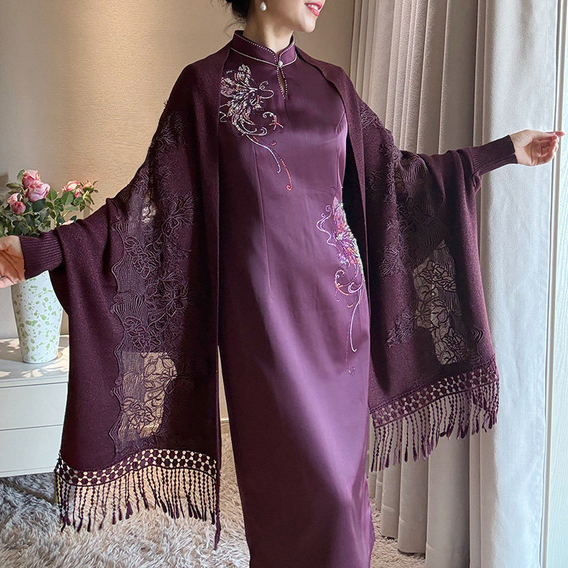 紫红色披肩婚礼妈妈旗袍外搭喜婆婆婚宴礼服披风斗篷高端2026年秋